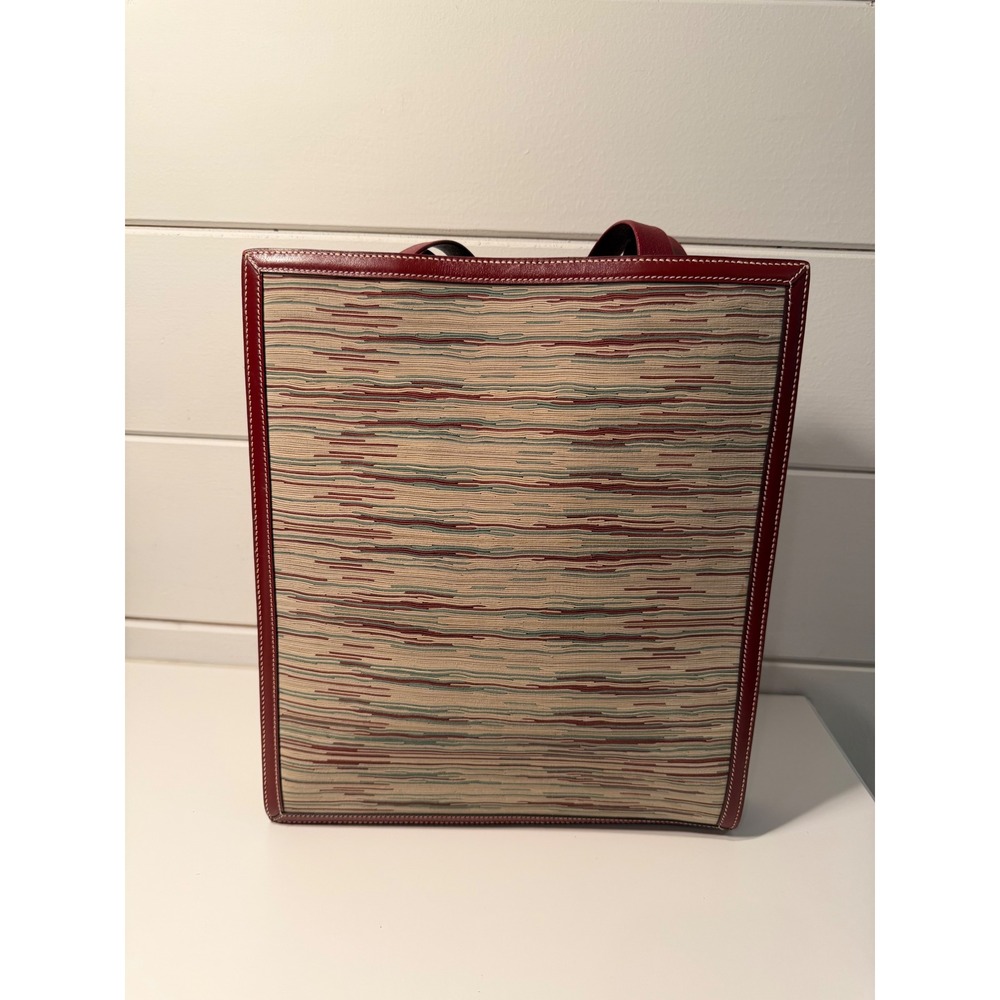 Hermes Vintage Tote Bag Burgundy Red Leather Woven Textile Striped Made in Franc - Picture 10 of 11
